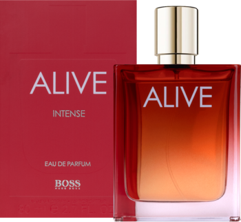 Boss Alive Intense EDP, prostokątna butelka z czerwono-pomarańczowym gradientem, złotym korkiem i czerwonym pudełkiem.