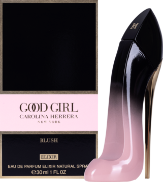 Perfumy Carolina Herrera Good Girl Blush Elixir, butelka-szpilka ombre różowo-czarna ze złotym obcasem, obok opakowania.