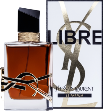 YSL Libre Le Parfum, bursztynowe perfumy damskie w prostokątnej butelce ze złotym logo, obok białe pudełko.