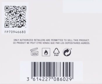 Tył białego opakowania wody perfumowanej Marc Jacobs Perfect: kod QR, kreskowy i piktogramy.
