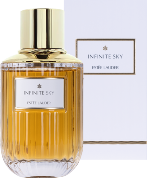 Perfumy Estée Lauder Infinite Sky, bursztynowy orientalny zapach. Szklana butelka ze złotym korkiem i białe pudełko, widok z przodu.