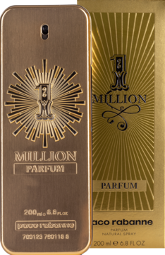 Złota butelka męskich perfum Paco Rabanne 1 Million Parfum 200ml obok pudełka, widok z przodu.