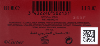Tył opakowania perfum Cartier Déclaration, bordowy kartonik z białym tekstem, kodem kreskowym i QR code.