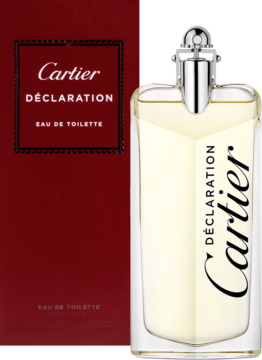 Cartier Déclaration Eau de Toilette męska: czerwone pudełko i szklana butelka z żółtym płynem, logo Cartier.