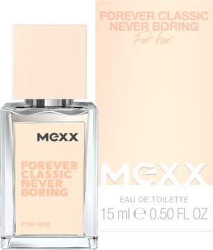 MEXX Forever Classic Never Boring woda toaletowa, 15ml, w jasnobeżowym opakowaniu i butelce, widok z przodu.