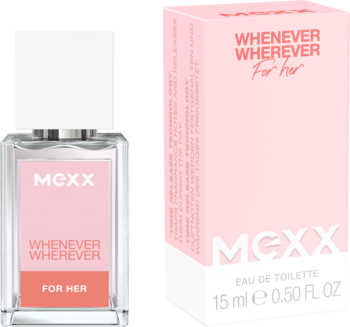 MEXX Whenever Wherever For Her woda toaletowa, różowa butelka i kartonik z białymi napisami, widok z przodu.