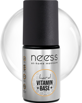 Baza Neess Hard Vitamin Base w srebrnej butelce, czarna nakrętka, etykieta z napisem Vitamin + Base, widok z przodu.
