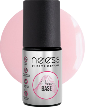 Neess Fiber Base, hybrydowa baza do paznokci Milky Rose, w butelce z czarną nakrętką, widok z przodu.
