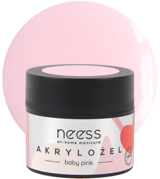 Akrylożel Neess Baby Pink (pudrowy róż) w czarnym słoiczku z różową etykietą, widok z przodu.