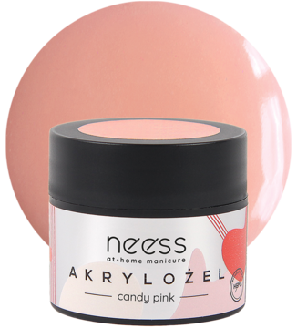 Akrylożel Neess Candy Pink HEMA FREE w czarnym słoiczku z różową etykietą, widok z przodu.