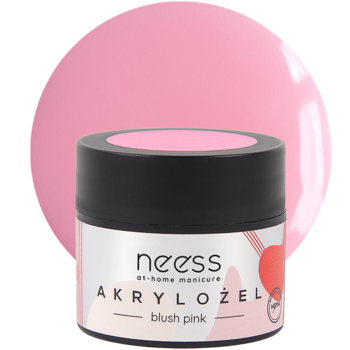Neess Akrylożel Blush Pink w czarnym słoiczku z różową zakrętką, na różowym tle. Widok z przodu.
