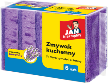 Fioletowe zmywaki kuchenne Jan Niezbędny o zapachu lawendy w żółto-fioletowym pudełku, 5 sztuk, widok z przodu.