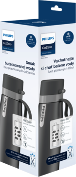 Opakowanie butelki filtrującej Philips GoZero Daily 550 ml, szara, redukcja chloru i ołowiu, smak butelkowanej wody.