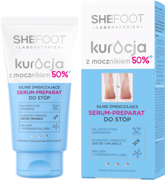 SHEFOOT serum do stóp z mocznikiem 50% w białej tubce i błękitnym pudełku, widok z przodu.