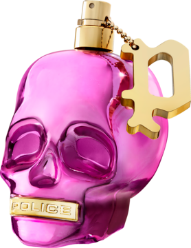 Flakon perfum Police #FreeToDare, metalicznie różowa czaszka ze złotym łańcuchem i napisem POLICE, z przodu.