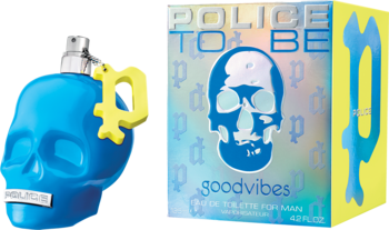 Police To Be Goodvibes woda toaletowa, niebieska butelka-czaszka i opakowanie z grafiką czaszki na holo tle.