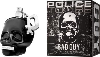 Woda toaletowa Police To Be Bad Guy: czarna butelka-czaszka z łańcuchem i opakowanie z grafiką czaszki, widok z przodu.