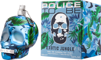 Police To Be Exotic Jungle woda toaletowa dla mężczyzn, błękitna butelka-czaszka obok pasującego pudełka.