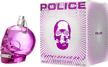Różowy flakon perfum Police To Be Woman w kształcie czaszki, obok pudełka z dużą różową czaszką.