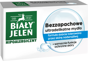 Biały Jeleń hipoalergiczne, bezzapachowe mydło glicerynowe w białym opakowaniu z zielonym logo, widok z przodu.
