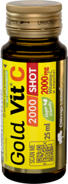 Mała brązowa butelka Gold Vit C 2000 Shot 25ml z 2000mg Witaminy C, żółta etykieta, napis Vegan friendly.