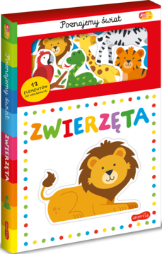 Zestaw edukacyjny Poznajemy świat Zwierzęta, książeczka z 12 puzzlami, czerwone opakowanie z lwem, widok z przodu.