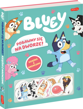 Książka Bluey: Pobawmy się na dworze! z 12 magnesami. Jasnoniebieska okładka z postaciami i okienkiem na magnesy.