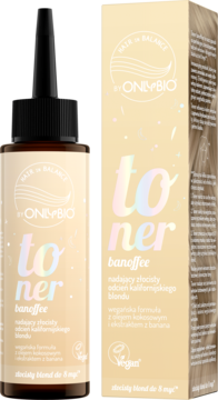OnlyBio Hair in Balance toner Banoffee do blond włosów, butelka z aplikatorem i eleganckie pudełko o złotym odcieniu.