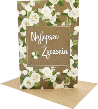 Kartka z życzeniami "Najlepsze Życzenia", wzór białych róż na brązowym tle, z kopertą kraft. Widok z przodu.