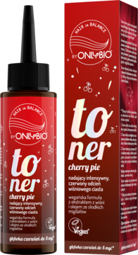 OnlyBio Cherry Pie toner do włosów, butelka i czerwone pudełko. Wegański, z wiśni, nadaje intensywny czerwony odcień.