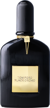 Tom Ford Black Orchid woda perfumowana w czarnym, żebrowanym flakonie z złotą etykietą, widok z przodu.