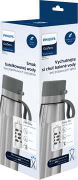 Pudełko butelki filtrującej Philips GoZero Daily szarej 660ml, widok z dwóch stron, napisy PL/CZ, filtr.