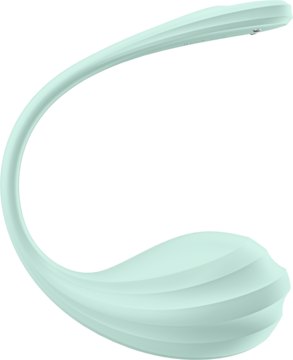 Satisfyer Smooth Petal, miętowy masażer silikonowy z aplikacji, ergonomiczny, z falistą końcówką, widok z boku.