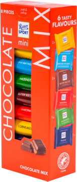 Czerwone pudełko Ritter Sport Mini Chocolate Mix, 8 sztuk, 6 smaków, z widocznymi czekoladkami.