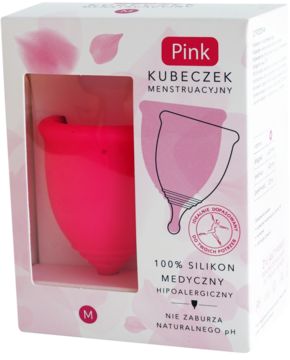 Intensywnie różowy kubeczek menstruacyjny Pink M, widoczny przez okno białego pudełka z opisem i rysunkiem.