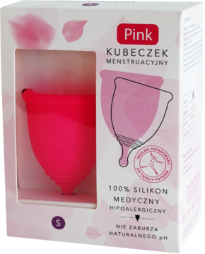Kubeczek menstruacyjny Pink S z medycznego silikonu, różowy, w biało-różowym pudełku, widok z przodu.