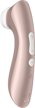 Różowo-złoty stymulator łechtaczki Satisfyer Pro 2+ Airpulse, z białą końcówką, widok z boku.