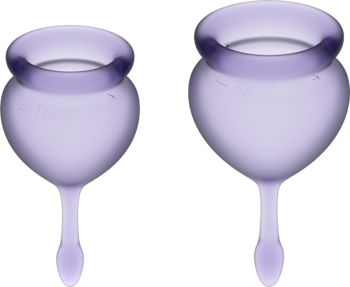 Fioletowe kubeczki menstruacyjne Satisfyer Feel Good, 15 i 20 ml, dwa obok siebie, widok z przodu.
