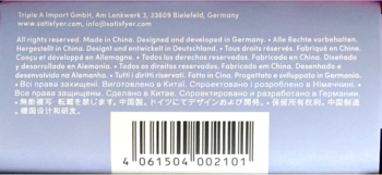 Tył opakowania kubeczków menstruacyjnych Satisfyer Feel Good, kod EAN 4061504002101 i dane producenta.