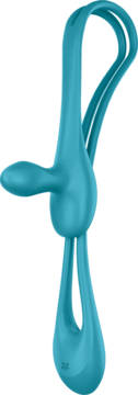 Turkusowy elastyczny wibrator partnerski Satisfyer Plug & Play 1, o unikalnym kształcie, wiszący.
