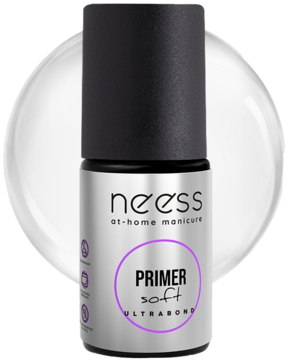 Neess Primer soft Ultrabond bezkwasowy do manicure hybrydowego, srebrna butelka z czarnym korkiem, widok z przodu.