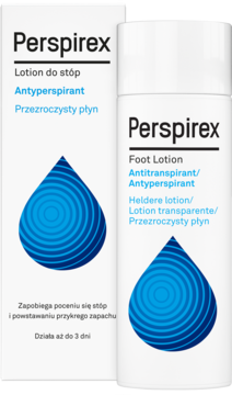 Perspirex Foot Lotion: biała butelka i pudełko z grafiką niebieskiej kropli. Antyperspirant do stóp, widok z przodu.