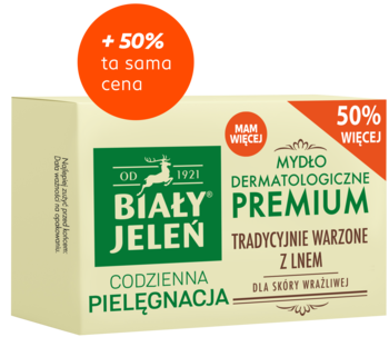Biały Jeleń Premium, mydło dermatologiczne z lnem dla skóry wrażliwej, beżowe opakowanie, 50% więcej.