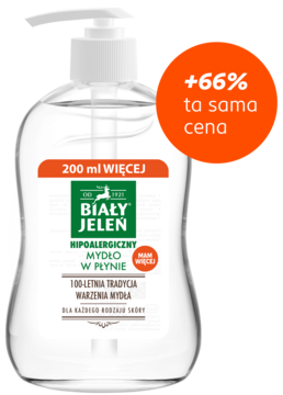 Biały Jeleń mydło w płynie hipoalergiczne, przezroczysta butelka z białą pompką, 200 ml więcej w tej samej cenie.
