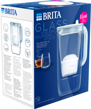Niebiesko-białe opakowanie szklanego dzbanka filtrującego Brita Glass 2.5L, z przezroczystym dzbankiem i niebieską rączką.
