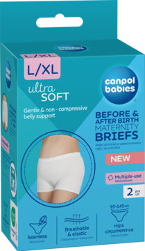 Canpol Babies L/XL Ultra Soft Maternity Briefs, front view of blue and white box with woman wearing white briefs.
