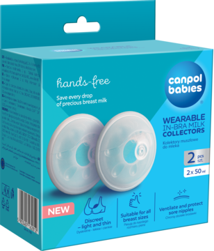 Canpol babies Wearable In-Bra Milk Collectors w niebieskim pudełku, widok frontalny, widoczne dwa białe kolektory 2x50ml.