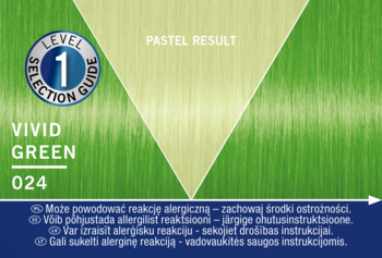 Opakowanie półtrwałej farby Vivid Green 024, z logo Level 1 i obietnicą Pastel Result, widok z przodu.