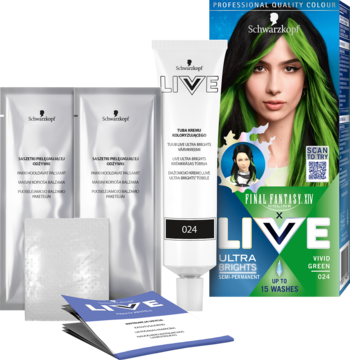 Zestaw farby Schwarzkopf LIVE Vivid Green do 15 myć. Widoczna tubka, saszetki, ulotka. Modelka z zielonymi włosami.