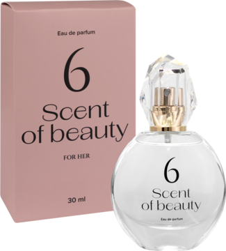 Damska woda perfumowana Scent of beauty N°6 30ml, butelka z kryształową nakrętką, z boku różowe pudełko.